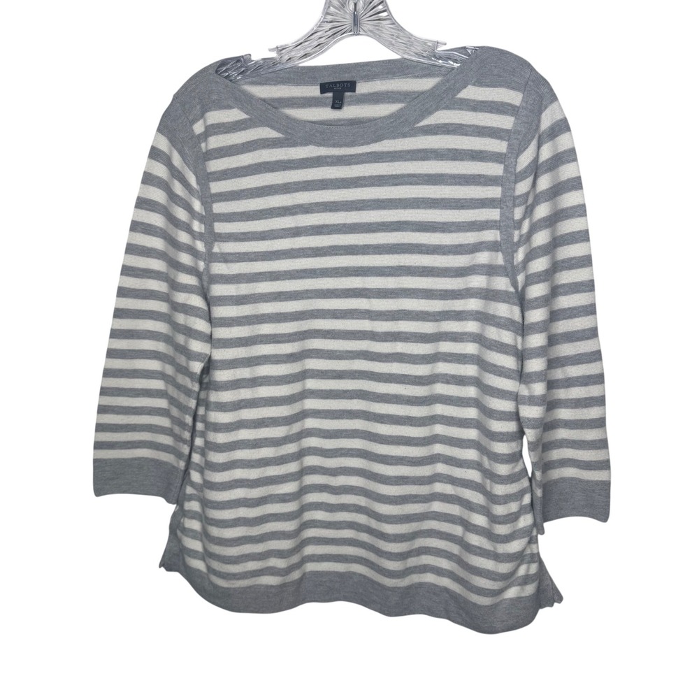 Talbots Petite Striped 3/4‎ Sleeve Sweater XL Petite Gray White Boat Neck